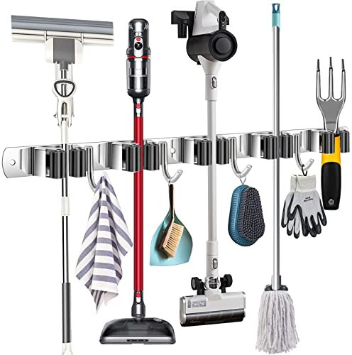 Tskcos Heavy Duty Metal Mop and Broom Holder, Rust Proof, 5 Racks, 4 Hooks, Sturdy Stainless Steel, Space Saving, Easy Installation, Multi-Functional, After-Sale Service