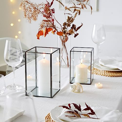 QL Design Lot de 2 bougeoirs carrés en Verre trempé Transparent avec Cadre en Laiton Noir Brillant - Idéal pour la décoration de la Maison, Un Mariage, Les Vacances