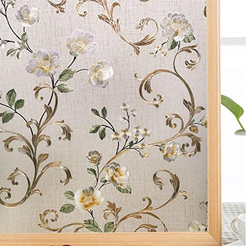 BESTORI Fensterfolie Blickdicht Sichtschutzfolie Selbsthaftend Dekorfolie Glasmalerei Milchglasfolie Statisch Haftend Anti-UV Sonnenschutz für Büro und Zuhause Blumen, 45 x 200 cm