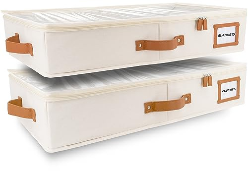 HOMELUX THEORY 2pc Under Bed Storage Containers, Bedroom Under the Bed Drawer Storage Organizer with Bins and Lids, Medium Underbed Clothes Storage Box Ideal for Blanket, Fabric, & Shoes (Ivory)