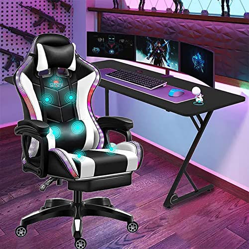 Silla gaming con luces LED y altavoces Silla de carreras de computadora con reposapiés y soporte lumbar Silla de oficina ergonómica RGB High Back con reposacabezas,Blanco