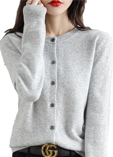 Bollrllr Damen Kaschmir Strickjacke Rundhals Pullover Frühling Herbst Winter Langarm Gestrickt Einfarbig Weiche Strickjacke Pullover, Hellgrau 9, L