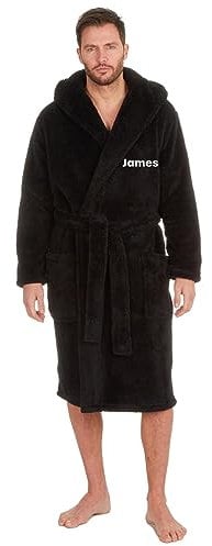 Personalised Mens Solid Dressing Gown Long Sleeve Plush Hooded Lounge Catonic Bath Robe Warm (BLACK, ONE SIZE)