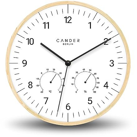 Cander Berlin MNU 8130 W Wanduhr Massivholz lautlos 30 cm modern Temperatur Vintage ohne Ticken Wohnzimmer Küche analog