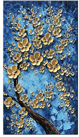 XIUWOUG Tableau Peint à la Main I abstrait Arbre Fleurs I Peinture À Lhuile sur Toile Moderne I Tableaux Peintures I Bleu Palette de couleurs Peinture au couteau,B,40x80cm(Rolled Canvas)