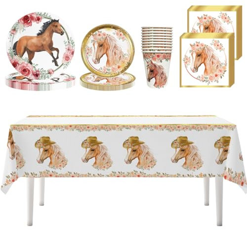 50 pièces décorations d'anniversaire de cheval, assiettes de fête de cheval, assiettes, tasses, serviettes, nappes pour 10 enfants, décorations d'anniversaire d'enfant de cheval
