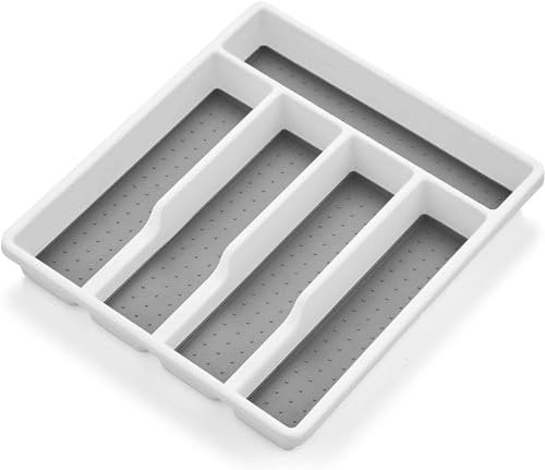 STOUCLA 5 Compartments Plastic Cutlery Organiser,Cutlery Tray,for Spoons, Forks,Kitchen,Office,School Storage,White & Grey