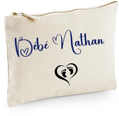 Trousse de Toilette pour des Petites Affaires du bébé avec prénom personnalisé en Coton 407gr 22x15cm, Cadeau, noël, Naissance, Anniversaire (Nature)