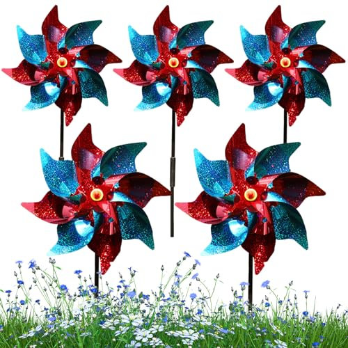 Moulin à vent pour jardin 5pcs oiseau effrayant arc-en-ciel pinweels enfants toys 9,45 pouces filants réfléchissants pour effrayer les oiseaux pour la décoration du jardin, moulin à vent en papier d