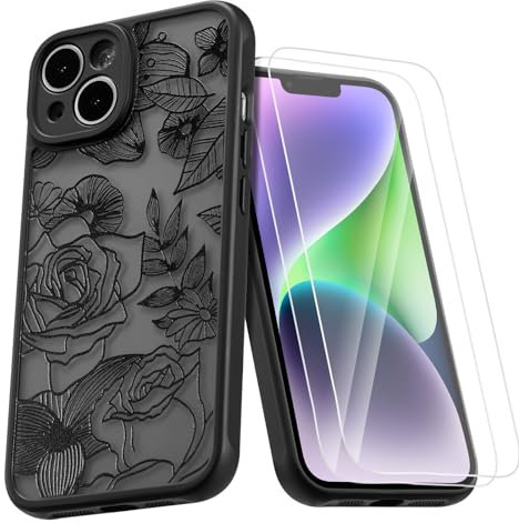 XIZYO Case for iPhone 13, Frosted Translucent Rose Floral Flower Pattern Shockproof Cover with 2 Screen Protectors, for Girls Women Cute Luxury Slim Soft TPU Bumper Phone Case, Black