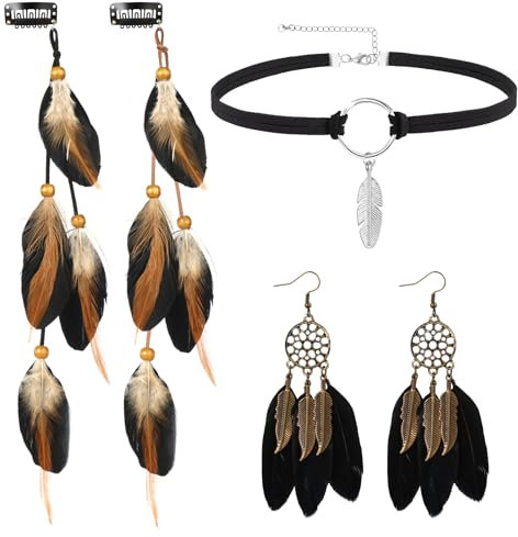 MWOOT Feder Haarverlängerungen, Indianer Feder Haarschmuck Clip Damen, Retro Leder Choker Halskette, Traumfänger-Ohrringe, Boho Stammes-Schmuck Set für Frauen Karneval Verkleiden Kostüm Party