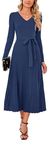 Arach&Cloz Jumper Dress for Women UK Long Sleeve Midi Knitted Pleated Dresses Fall Winter V Neck Elegant Sweater Dress Navy