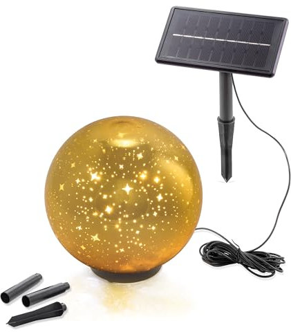 Esotec LED Solarkugel Magic Stars, D=20cm, Sterne Projektion, Farbe Gold, Akku, USB Ladekabel, 60 LEDs, Bodenleuchte, Dekoleuchte, Solarleuchte, Kugelleuchte, außen, wetterfest, Winterfest, 103012