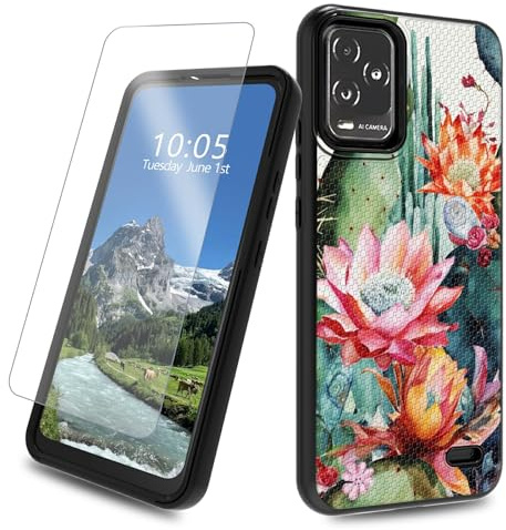 DIGTIALL Funda para BLU View 5 Pro con protector de pantalla de vidrio templado, doble capa, híbrida, a prueba de golpes, funda protectora para BLU View 5 Pro B170D, cactus y flores