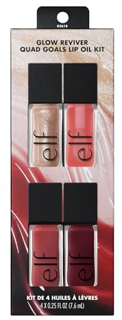 e.l.f. Glow Reviver Quad Goals Kit d'huile à lèvres 4 teintes : quartz rose, rose Envy, Jam Session, Crystal Baller, formule hydratante, couleur transparente, végétalien et sans cruauté envers les