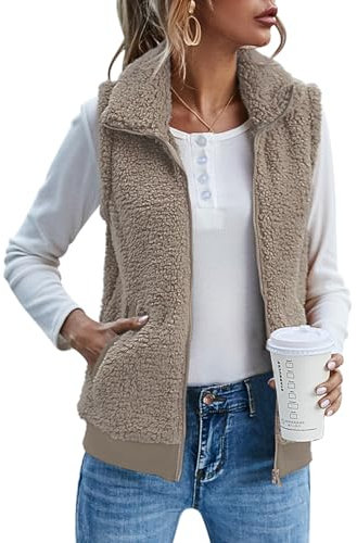 IECCP Teddy, gilet da donna in pile, caldo, senza maniche, per autunno e inverno, casual, leggero, con colletto alto, cammello, S