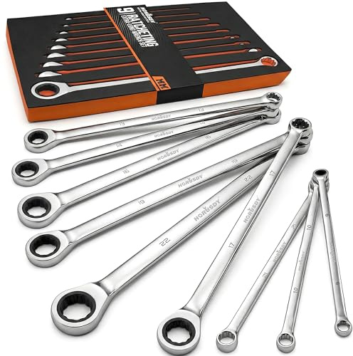 HORUSDY Extra Long Ratcheting Wrench Set, 8-22MM Double Box End, 9-Piece Metric CR-V Steel, with EVA Foam Tool Organizer