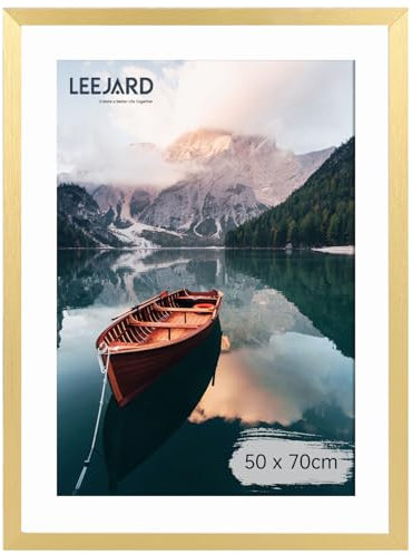 LEEJARD Bilderrahmen Gold 50x70cm, golden Fotorahmen Holzrahmen Mit Bruchsicherem Plexi-Glas Zum Senkrechten Oder Waagerechten, Portraitrahmen Mit Nahtloser Haken für Wandbehänge