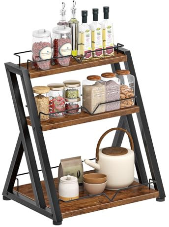 HOOBRO Scaffale Portaspezie a 3 Ripiani, Organizer da Cucina, Mensola da Banco per Toletta, Ufficio, Soggiorno e Bagno, Marrone Vintage e Nero EBF10TL01