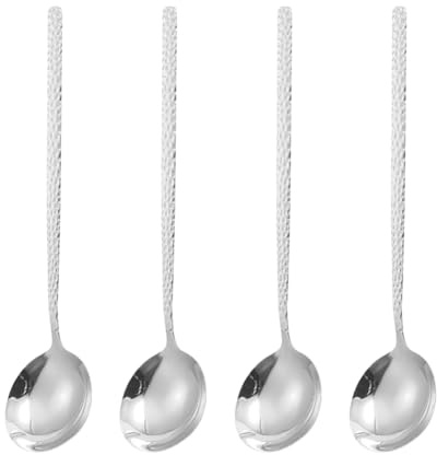 JIHUOO 4 Pcs Korean Soup Spoons with Long Handles Stainless Steel Rice Serving Spoons Asian Metal Dinner Spoon Non Slip Table Spoon Tablespoon Flatware for Home Kitchen Restaurant