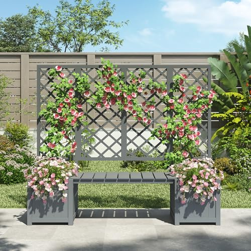 Pflanzkübel, Pflanzgefäß mit Spalier als Rankhilfe, Braun Massivholz Tanne, Blumenkasten Pflanzenkasten, Pflanzkübel mit Spalier und Sitz für Garten Hof Terrass (Grau)