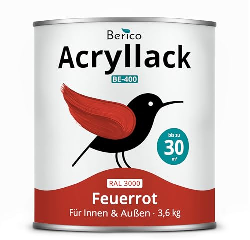 Berico Acryllack - Feuerrot - 3,6 Kg - 4in1 Lack Buntlack Möbelfarbe Möbellack - Für Innen und Außen - Holz, Möbel, Metall & Fliesen