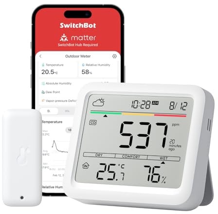 SwitchBot CO2-Melder, CO2 Messgerät mit Thermometer Hygrometer Innen, Luftqualität Messgerät mit CO2-Alarm, Bluetooth CO2 Sensor mit APP, 2 Jahre Datenspeicher, Hub erforderlich (2in1 Combo)