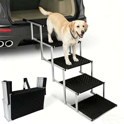 Niubya Foldable Dog Steps & Pet Stairs for Cars, SUVs, Trucks, Portable Lightweight Non-Slip Dog Ramp, Supports Up to 113kg - Aluminium Frame, 5 Steps