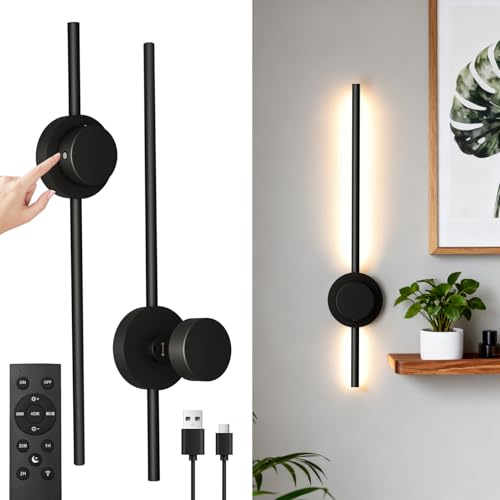 BRIMAX 2Pack Battery Operated Wall Sconces Indoor,Cordless Wall Light | Dimmable,70CM,Remote Control,3 Colour Modes Modern Rechargeable Wall Lights for Bedroom, Living Room, Hallway