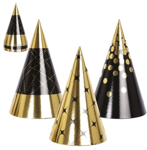 P'TIT CLOWN - Chapeaux Pointus en Carton - Lot de 6 - Accessoires Festifs Idéaux pour Anniversaires et Fêtes (Or, Noir)