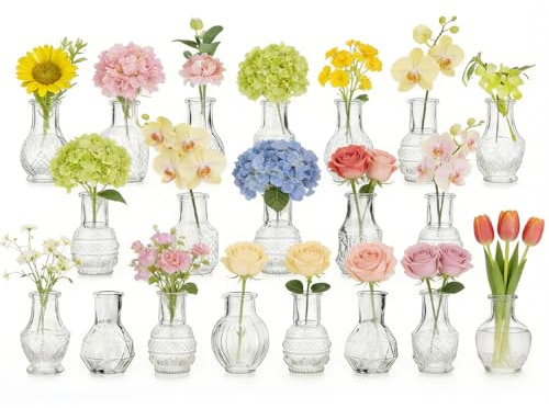 Kleine Vasen Glas für Hochzeit, 20 Stück Mini Glasvasen Set Vintage Vase Klein für Tischdeko Hochzeit, Mittelstücke, Hochzeitsdekorationenv