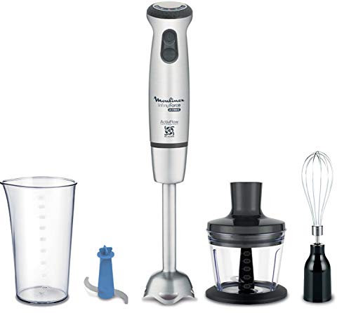 Moulinex Mélangeur à main Infinity Force Ultimate avec accessoires 4 en 1 1 1000 W avec 25 vitesses et turbo, 4 lames, avec hachoir, verre doteur, tige mélangeur et lame de glace
