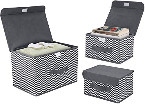 DIMJ 3 Stück Aufbewahrungsboxen mit Deckel, Faltbare Aufbewahrungskiste mit Griff, Stoff Aufbewahrungskorb, Kleiderschrank Organizer, Ordnungsboxen für Kleidung, Bücher, Spielzeug, usw. (Dunkelgrau)
