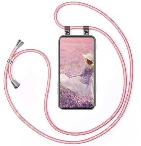 moex Handykette für Samsung Galaxy S10 Lite Hülle mit Band abnehmbar, Handyhülle mit Kette zum Umhängen, Handyband 155 cm lang Stoff Kordel Umhängehülle, Handy Umhängeband, Rosegold