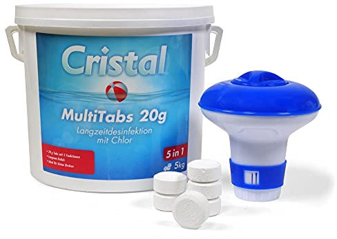 Cristal Chlor Multitabs 20 g - 5 kg Set mit Chlordosierer - Effektive 5 in 1 Poolpflege für klares Wasser - Langzeitdesinfektion für Pools