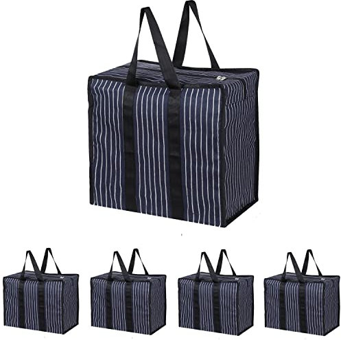 Double R Bags Extra Large Multipurpose Heavy Duty Canvas Storage Organizer Shopper Bag with Strong Handles, Zip Cover & 1 Compartment (43x26.6x45.7 cm, Navy, Pack of 5)