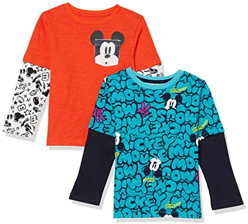 Amazon Essentials Disney | Marvel | Star Wars Boys' Long-Sleeve 2-in-1 T-Shirts, Pack of 2, Mickey, 10 Years