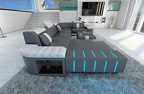 Sofa Bellagio U Form Wohnlandschaft Leder Couch mit LED Ledersofa mit Ottomane (Ottomane Links, Grau-Weiß)