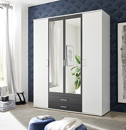 möbelando Kleiderschrank Hanau in Weiß/Graphit mit 2 Schubladen und 4 Türen. Abmessungen (BxHxT) 160x196x54 cm