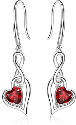 Geburtsstein Unendlich Ohrringe für Damen- Qings 925 Sterling Silber Januar Granat Unendlichkeit Herz Zirkonia Baumeln Tropfen Edelstein Ohrstecker Weihnachten Geburtstag Infinity Schmuck Geschenke