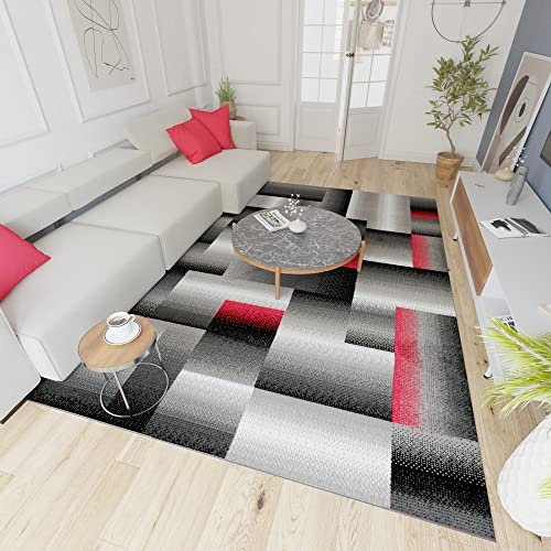 Mazovia Modern Teppich - Kurzflor - Teppich für Wohnzimmer, Schlafzimmer, Esszimmer - ÖKO-TEX Wohnzimmerteppich, Robust und pflegeleicht, Niedrige Florhöhe - Grau Rot 160 x 230 cm