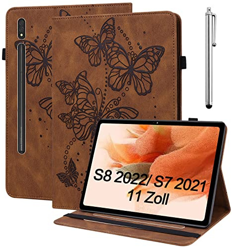BOLELAW Hülle für Samsung Galaxy Tab S8 11 Zoll 2022 /Galaxy Tab S7 11 Zoll 2020 Geprägter Schmetterling PU Leder Folio Flip Case mit Stifthalter Stand Kartenschlitz Tablet Hülle, Braun