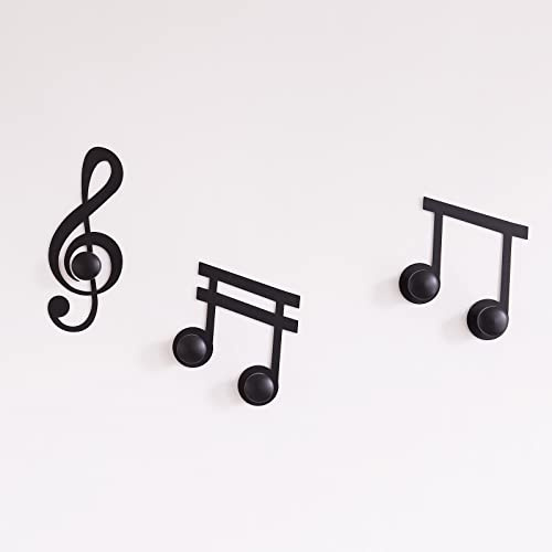 Arti & Mestieri Note Musicali - Set di Ganci (3 Pezzi) da Muro Appendiabiti di Design 100% Made in Italy - in Ferro, 12 x 30 cm - Nero