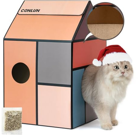 Conlun Katzenhaus Pappe mit Kratzbretter Katze&Katzenminze, Einfach zu Montierendes Katzen Kratzmöbel für Verschiedene Wohnkultur, Kratzbrett Katzenhöhle für Indoor-Katzen&Kleine Tiere zum Geburtstag