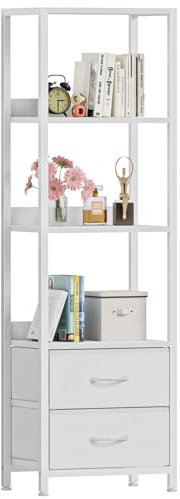 Furnulem Scaffale angolare a 4 ripiani, libreria stretta con 2 cassetti, altezza 140 cm, scaffale organizer per soggiorno, camera da letto, struttura in metallo, scaffale in legno (bianco)