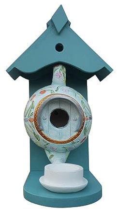 Bird House And Feeder, Vintage Style Outdoor Bird House Bird Feeder, Teapot Teacup Design, Garden Wall Hanging Resin Decoration (BU)