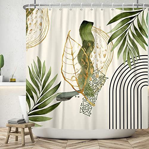 ASDCXZ Boho Blätter Duschvorhang 165x180 cm, Modern Abstrakt Kunst Boho Style Gold Grün Blätter Linie Bad Waschbar Duschvorhänge Polyester Textil Wasserdicht Badevorhang für Badewanne mit 12 Haken