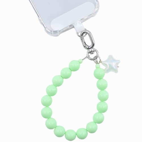 Qyoocom Handyanhänger,Handykette Perlen Bunt Kurz,Handy Universal Perlen Schlüsselband Abnehmbares Geeignet für alle Smartphones mit 2 Patch (Hellgrün Perlen 14mm)
