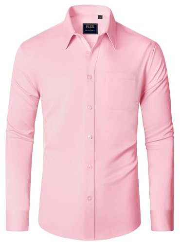 J.VER Langarmhemd Herren Rosa Modern Fit Freizeithemd Businesshemd Unifarben Elastisches Business Shirt mit Tasche,M