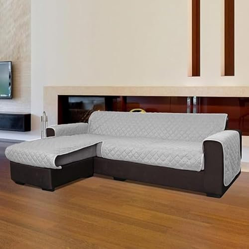 INTRECCI Copridivano 2 Posti con Penisola, Copridivano con Braccioli, Penisola Destra e Sinistra, Telo Angolare, Impermeabile, Protegge da Macchie, Facile da Lavare. Colore: Grigio Chiaro